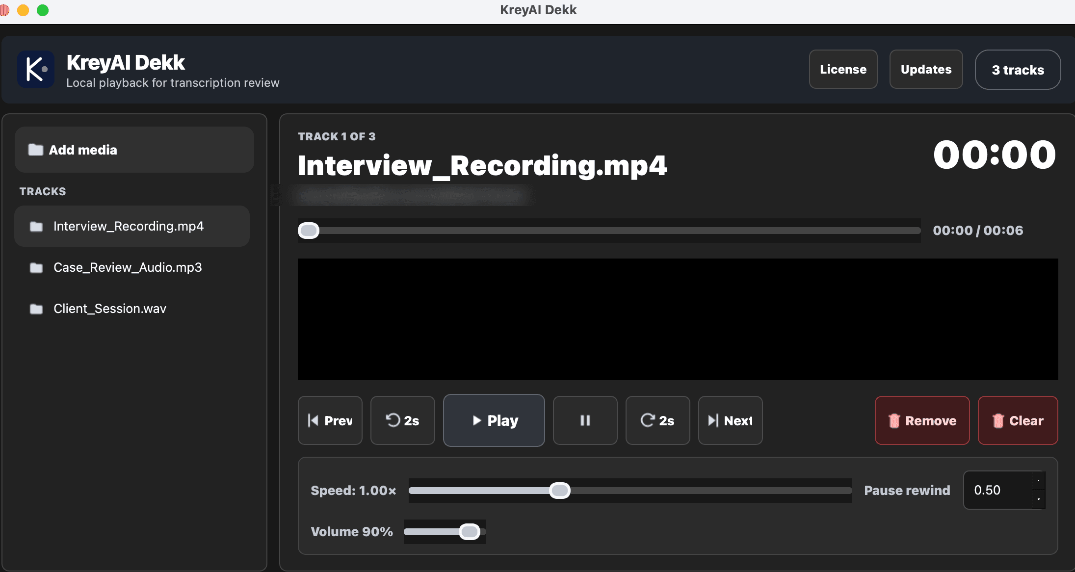 Dekk showing a multi-track playback session with hotkeys, speed control, and pause rewind